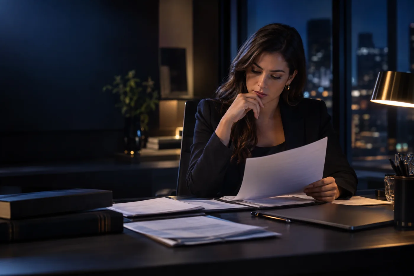 Advogada analisando documentos em um escritório com iluminação azul